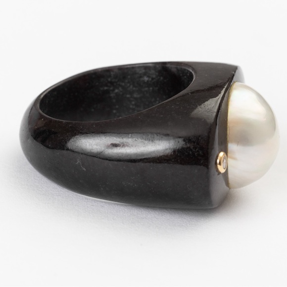 Pearl ring black agate 14K gold diamond accents chunky statement ring luxury 8 - Picture 5 of 16